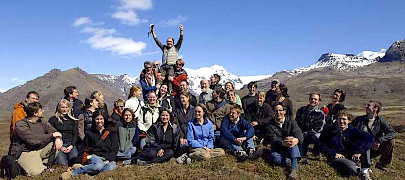 John at the top of a pile of former students and their students in turn. 2007 Arctic Workshop, Iceland. 