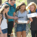Students identify insects and invertebrates in a sample from Boulder Creek. Photo by Chrystal Pochay, April 2014.