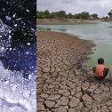 Some of the effects of abrupt climate change. Left: Larsen B ice shelf collapse, from Landsat 7 Science Team and NASA GSFC. Right: drought in Gujarat, from Ahmad Masood/Reuters. Images courtesy the National Academy of Sciences.