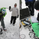 Left: Students use an ice auger on frozen Gold Lake. Taking turns with the auger is one way to stay warm on the ice! Right: The Hydrolab allows readout of barometric pressure, depth, water temperature, pH, specific conductance, and dissolved oxygen.