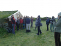 At a farm location near the study site, Viðar Hreinsson of the Reykjavik Academy gives an outdoor lecture on the use of farm buildings in times past. Photo by Astrid Ogilvie, August 2014.