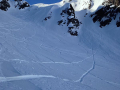 Skiing into the basin from the ridge line above, Cajon de Maipo. Photo: Alia Lauren Khan.