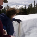 Leah M.and Danielle P. take snow samples from the Saddle site (3345 m) at Niwot Ridge for water quality analysis. Photo by Leah Meromy, May 2011.
