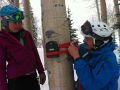 Theo Barnhart and Metta Gilbert deploy a timelapse camera in Steamboat, winter 2014. Photo: Emily Baker.