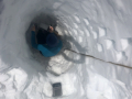 Summer, 2019. Snow pit measurements on Niwot Ridge. Scale is used for snow density. Photo: Kate Hale.